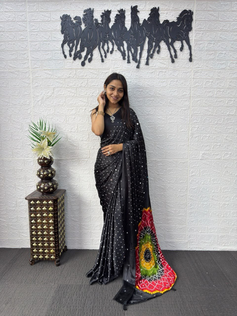 Black Bandhej And Mandala Print Silk Saree
