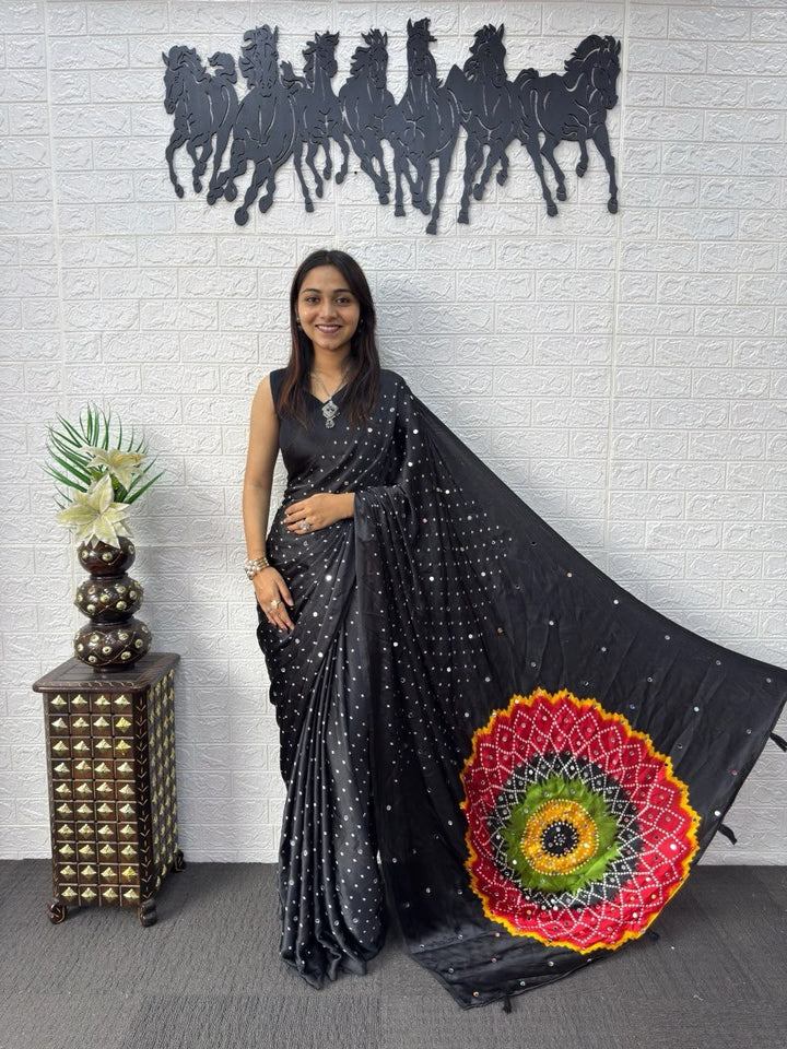 Black Bandhej And Mandala Print Silk Saree