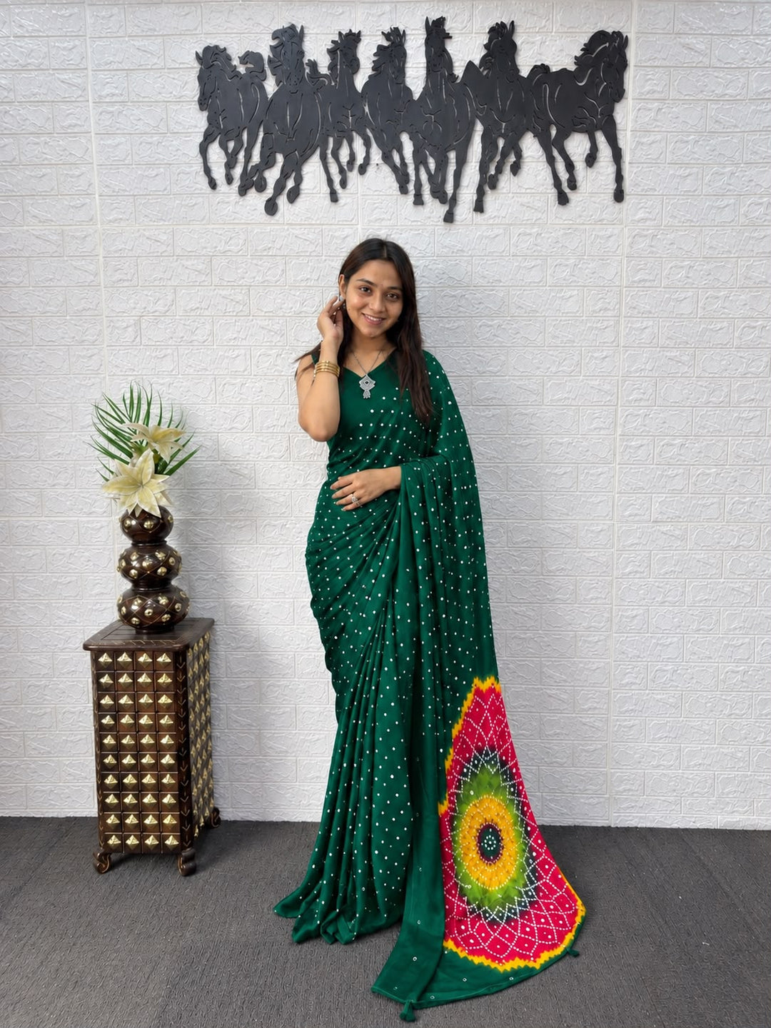 Green Bandhej And Mandala Print Silk Saree