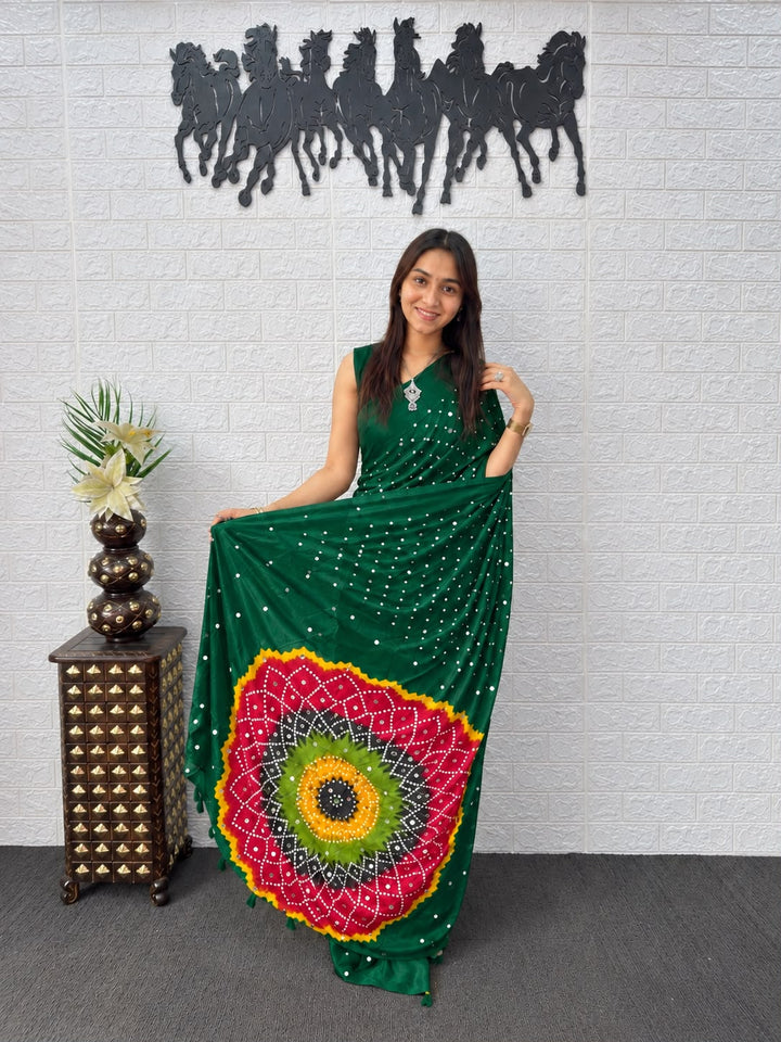 Green Bandhej And Mandala Print Silk Saree