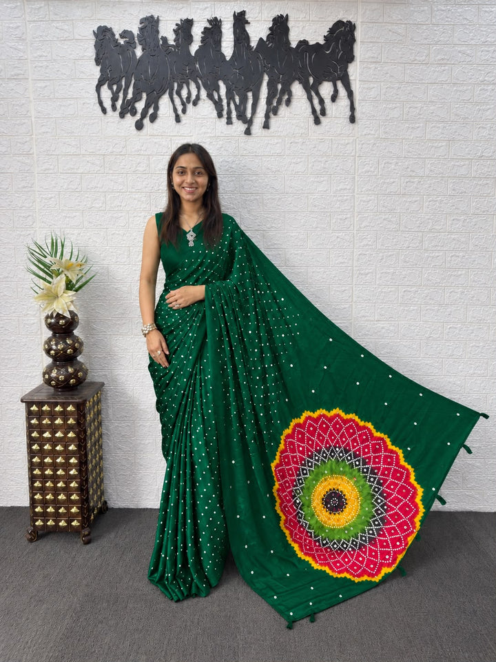 Green Bandhej And Mandala Print Silk Saree