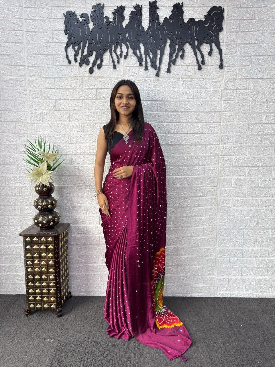 Wine Bandhej And Mandala Print Silk Saree