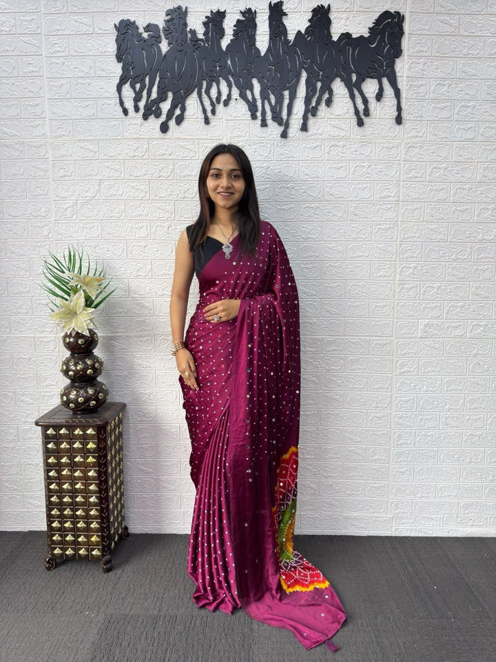 Wine Bandhej And Mandala Print Silk Saree