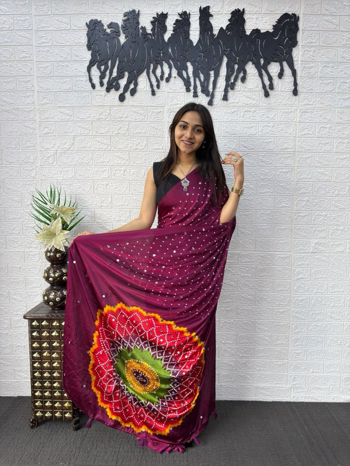 Wine Bandhej And Mandala Print Silk Saree