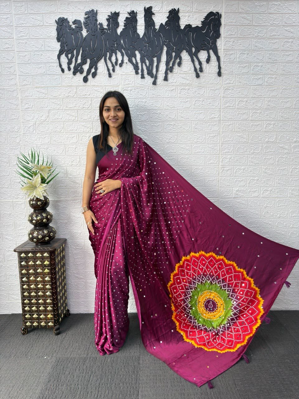 Wine Bandhej And Mandala Print Silk Saree