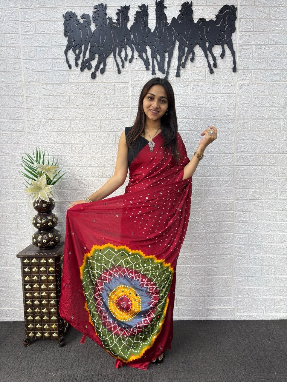 Red Bandhej And Mandala Print Silk Saree