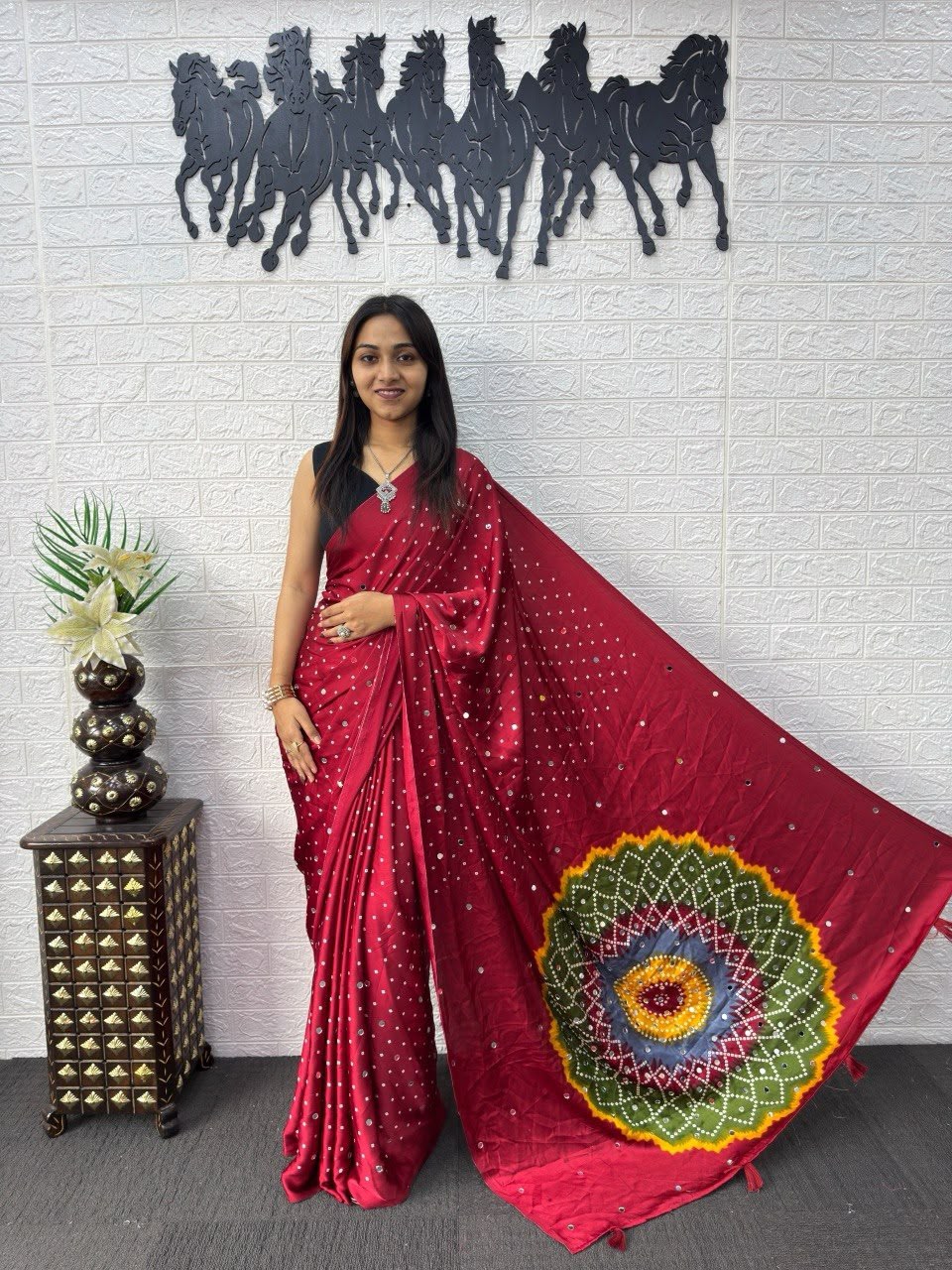 Red Bandhej And Mandala Print Silk Saree