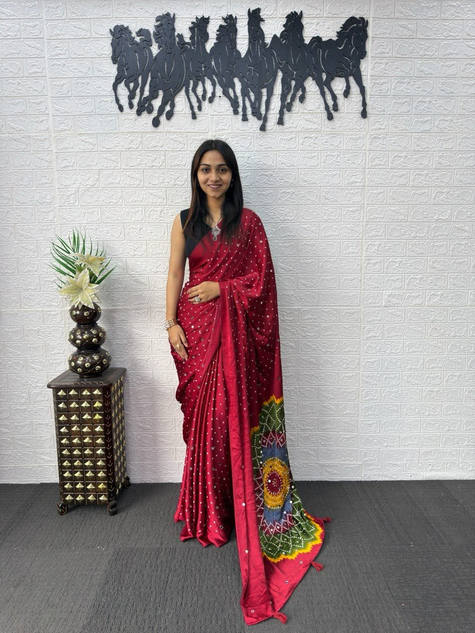 Red Bandhej And Mandala Print Silk Saree