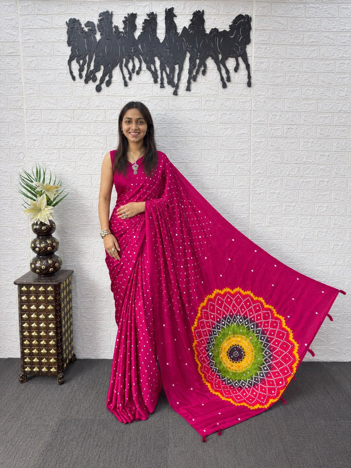 Rani Pink Bandhej And Mandala Print Silk Saree