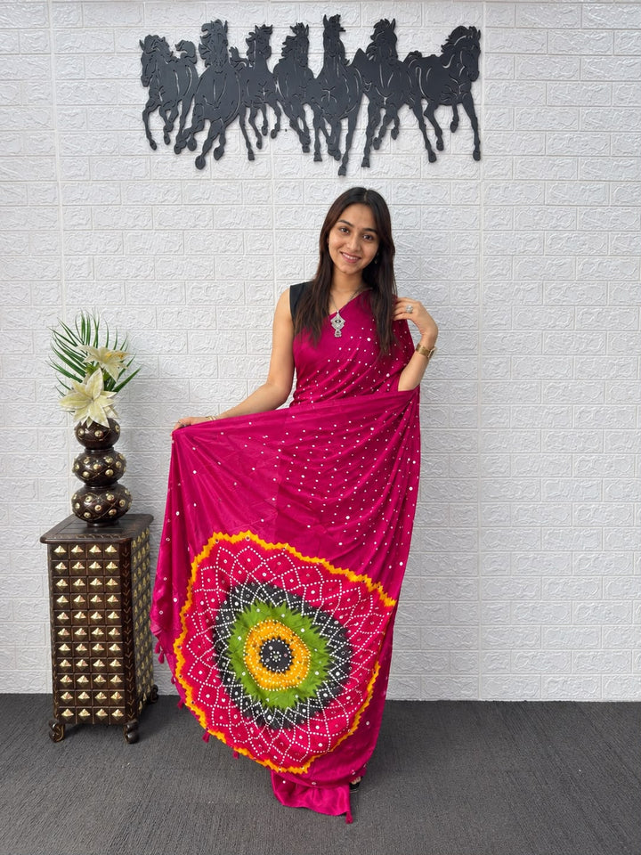 Rani Pink Bandhej And Mandala Print Silk Saree