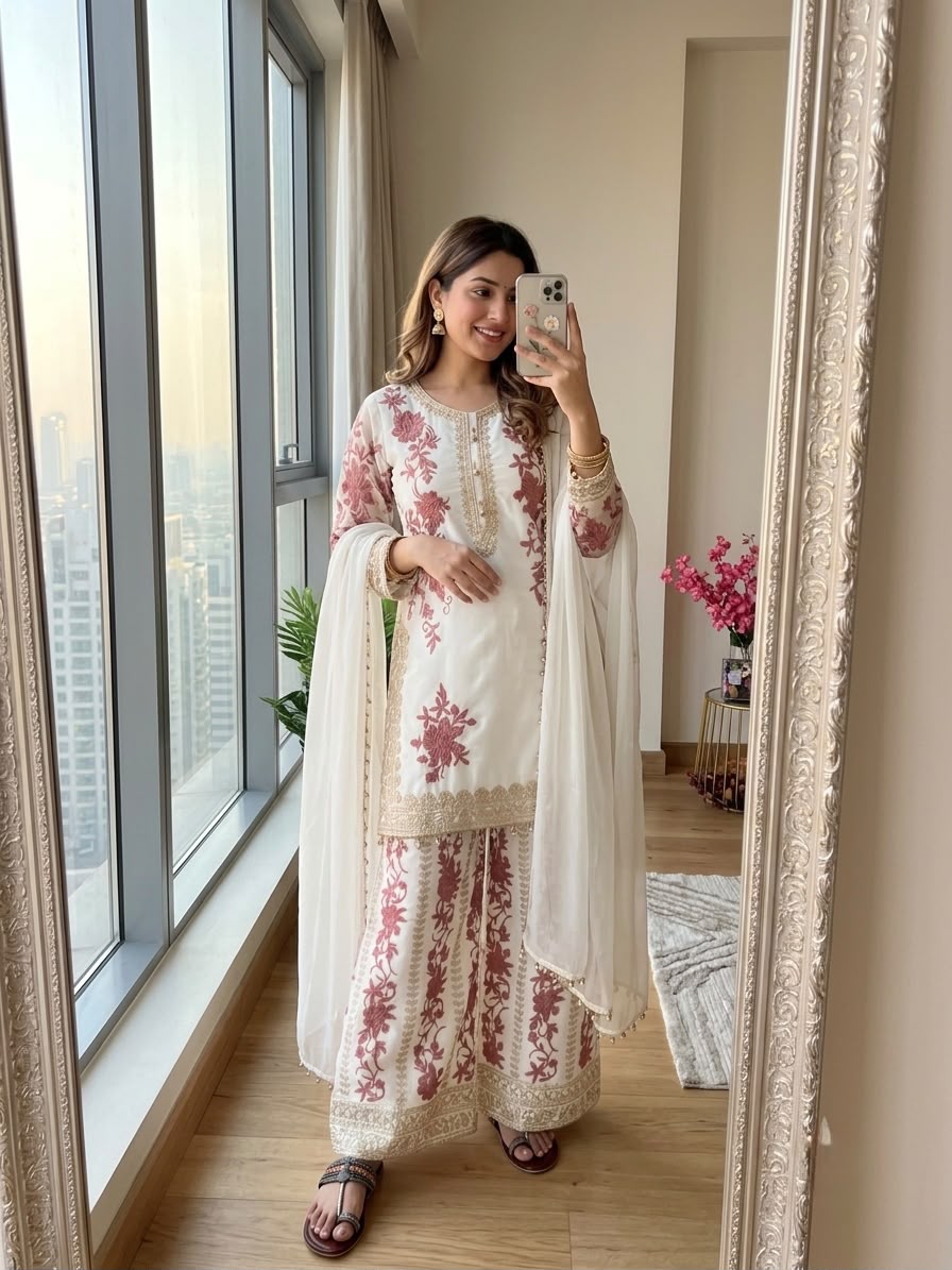 Off-White Floral Thread Embroidered Short Kurta Palazzo Suit