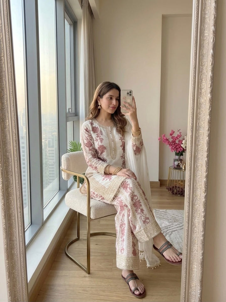 Off-White Floral Thread Embroidered Short Kurta Palazzo Suit