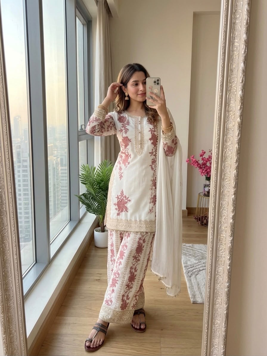 Off-White Floral Thread Embroidered Short Kurta Palazzo Suit