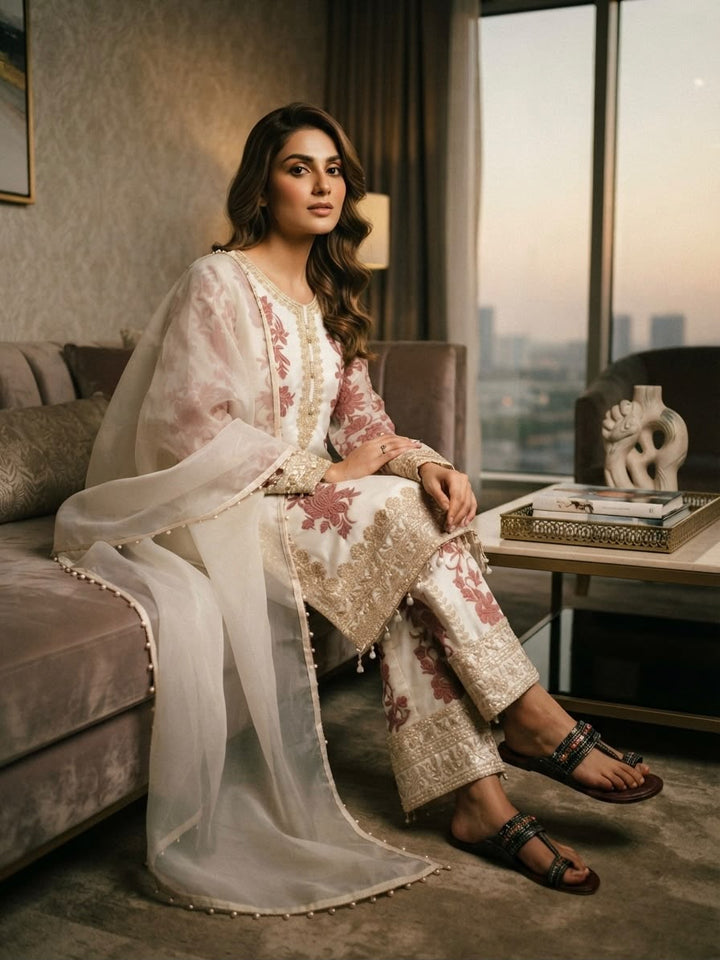Off-White Floral Thread Embroidered Short Kurta Palazzo Suit