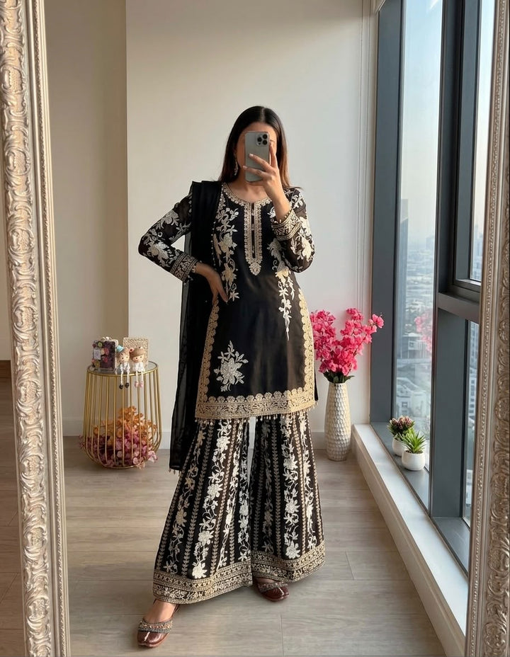 Black Floral Thread Embroidered Short Kurta Palazzo Suit