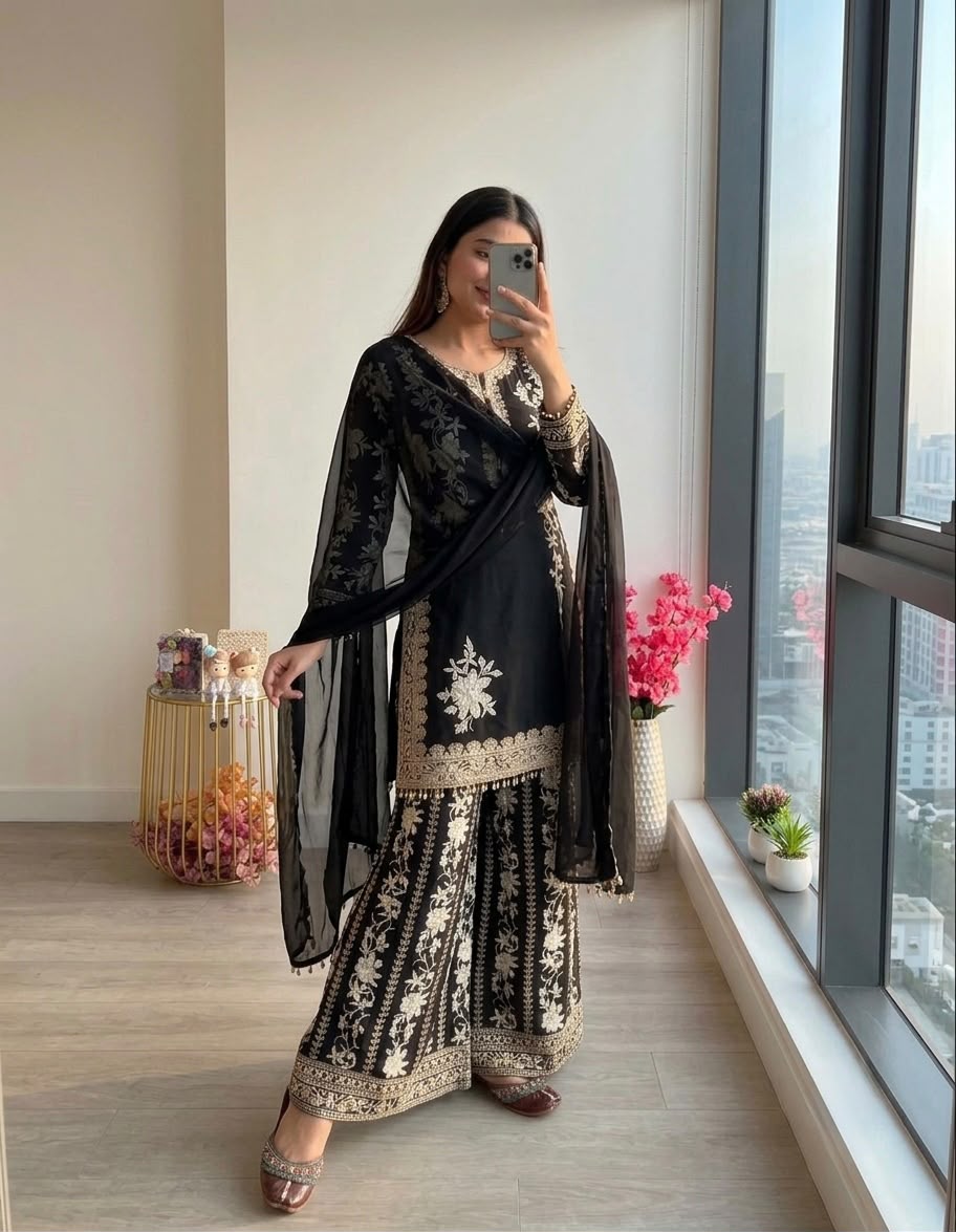 Black Floral Thread Embroidered Short Kurta Palazzo Suit