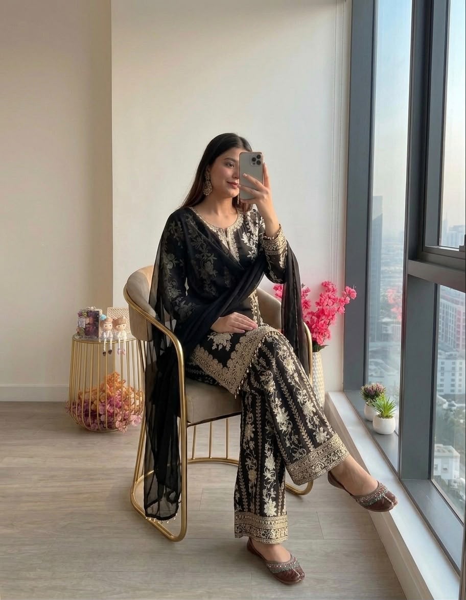 Black Floral Thread Embroidered Short Kurta Palazzo Suit