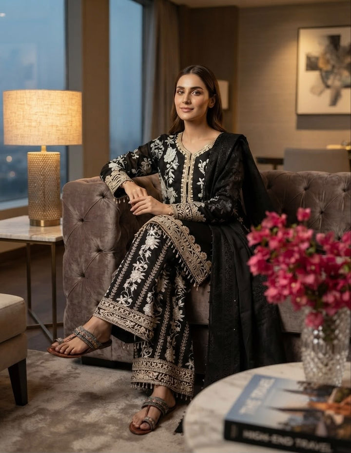 Black Floral Thread Embroidered Short Kurta Palazzo Suit