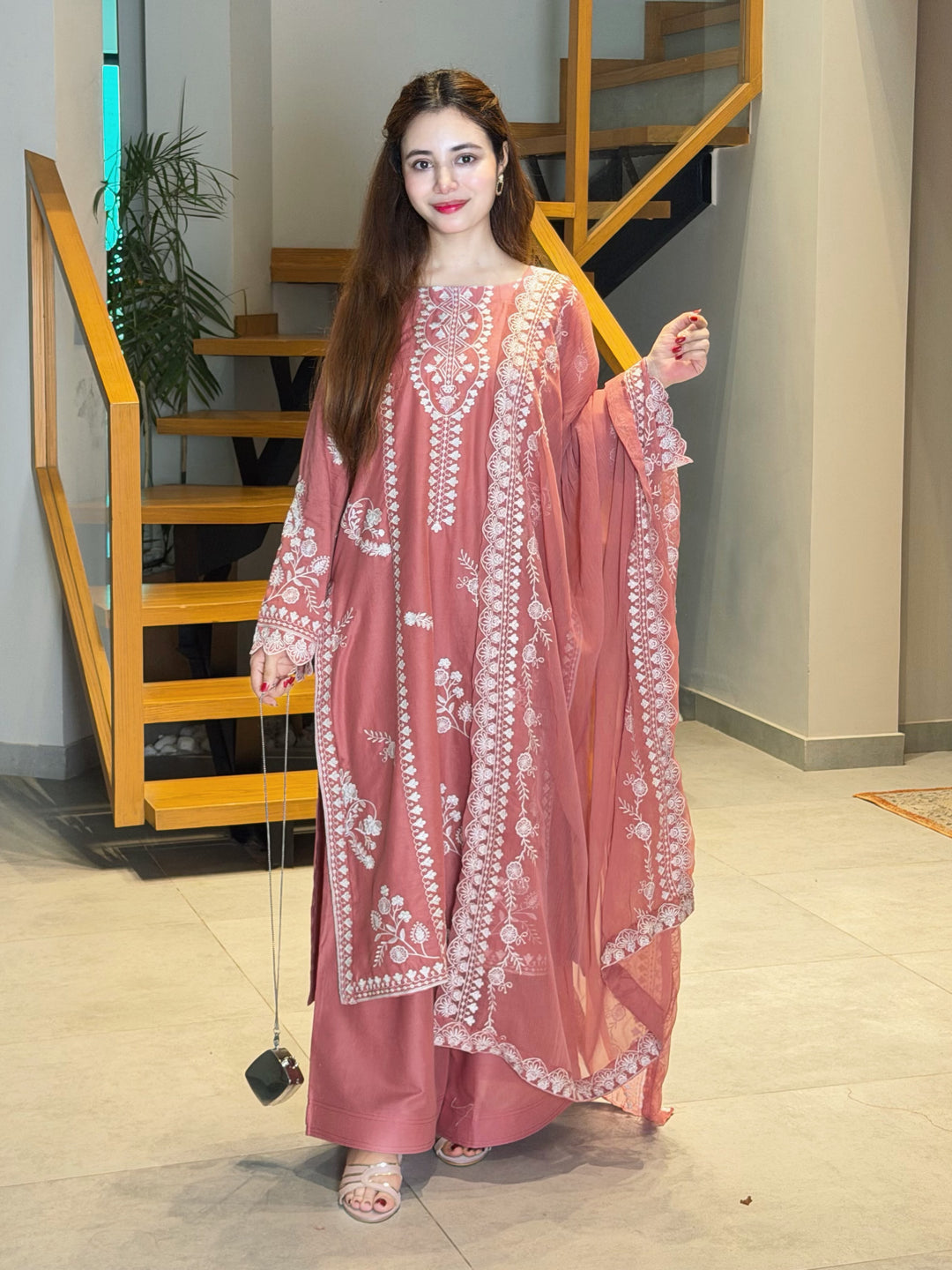 Dusty Rose Pink Embroidered Pakistani Style Kurta Palazzo Set