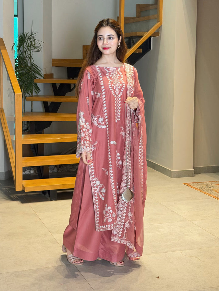 Dusty Rose Pink Embroidered Pakistani Style Kurta Palazzo Set