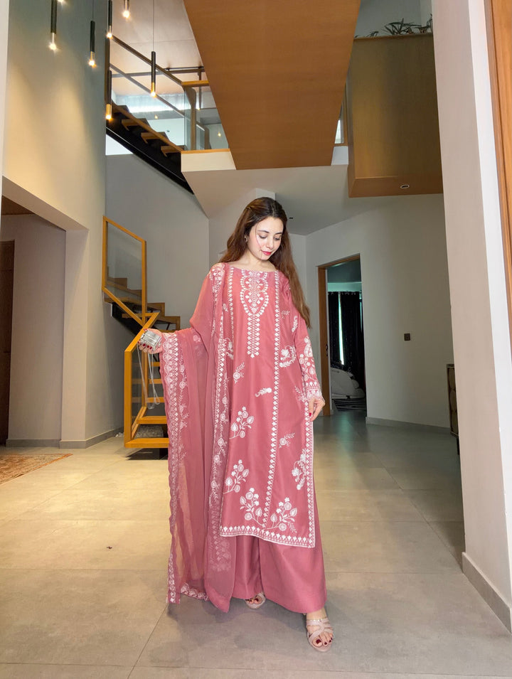 Dusty Rose Pink Embroidered Pakistani Style Kurta Palazzo Set