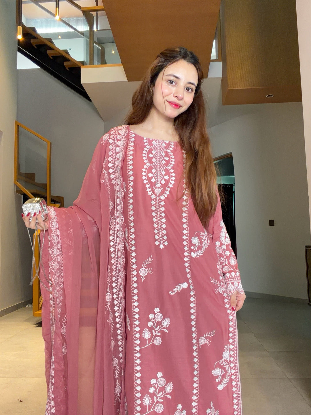 Dusty Rose Pink Embroidered Pakistani Style Kurta Palazzo Set