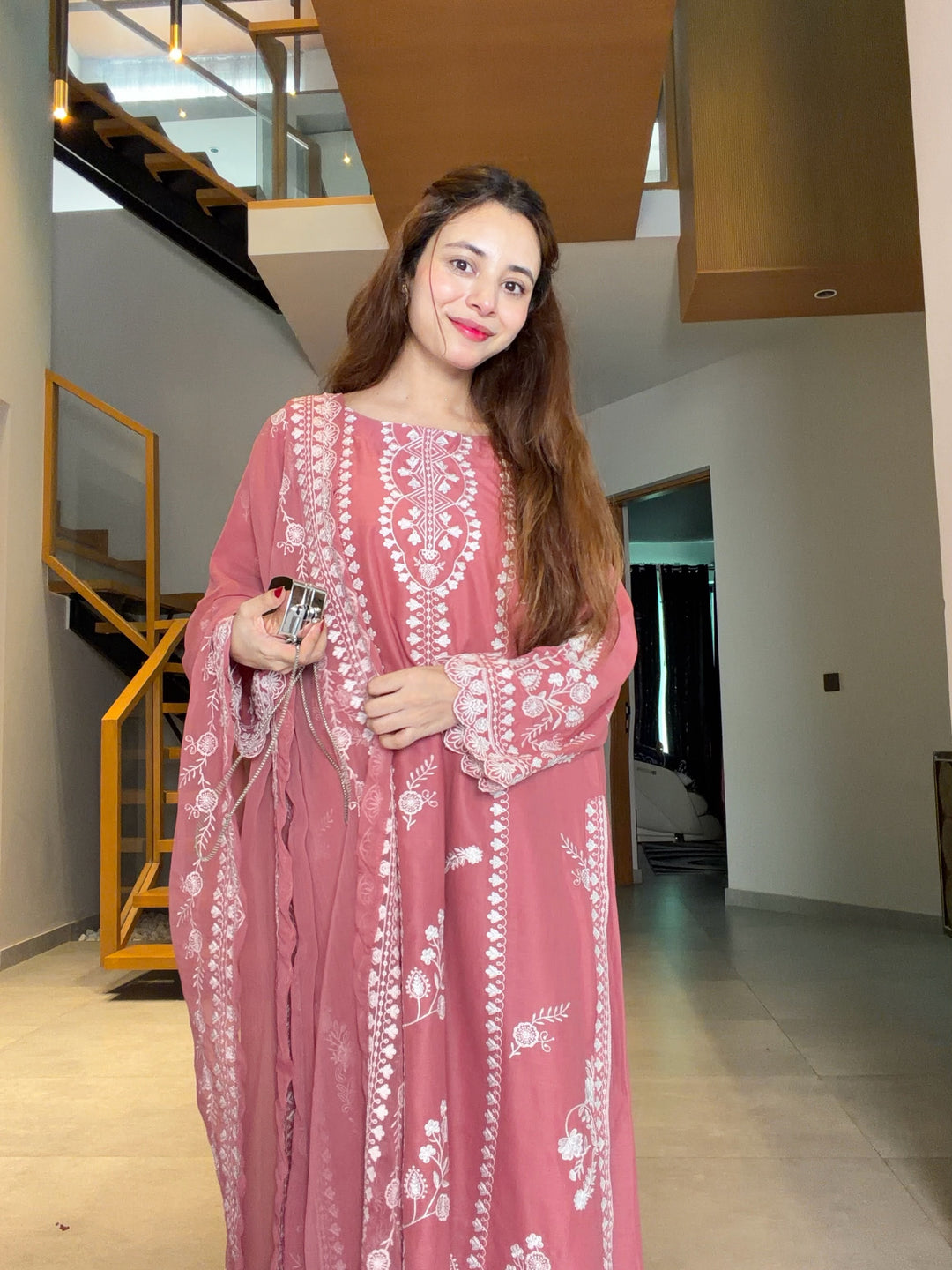 Dusty Rose Pink Embroidered Pakistani Style Kurta Palazzo Set