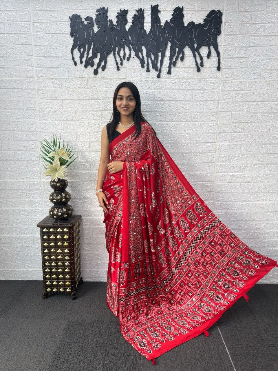 6 Color Bandhani And Mandala Print Satin Silk Saree