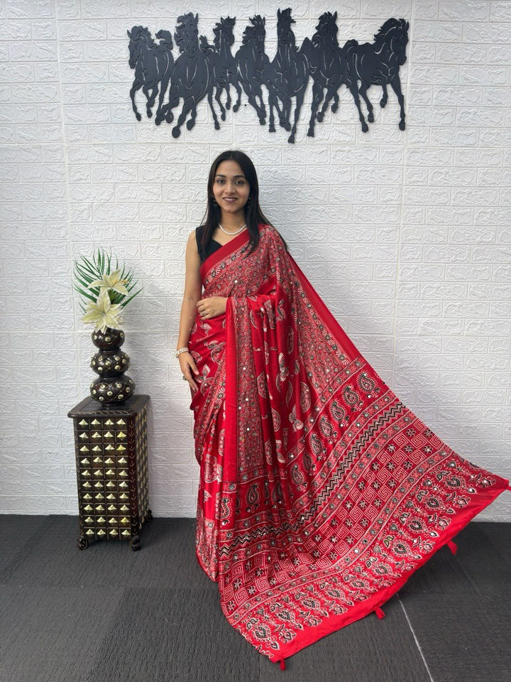 6 Color Bandhani And Mandala Print Satin Silk Saree