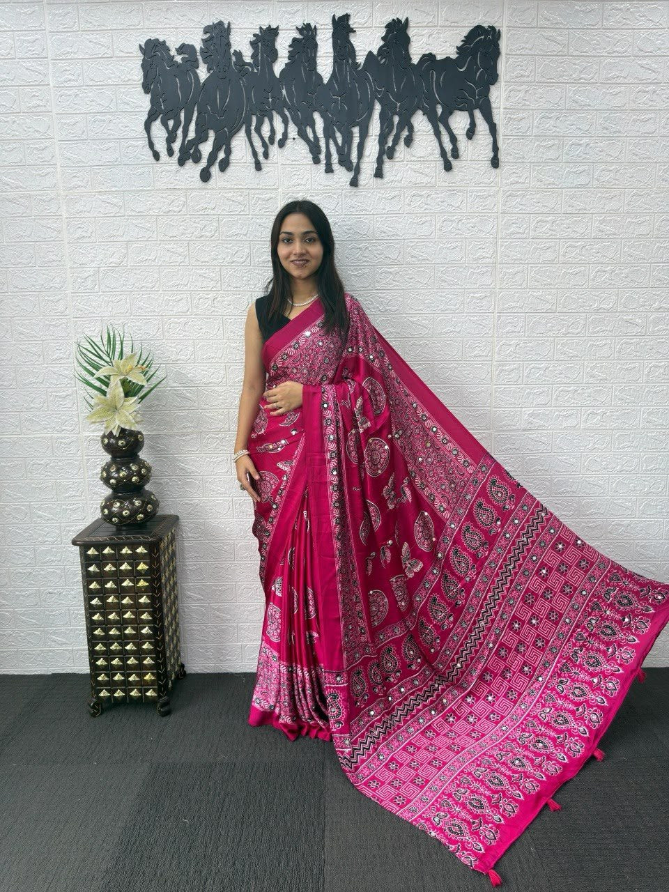 6 Color Bandhani And Mandala Print Satin Silk Saree