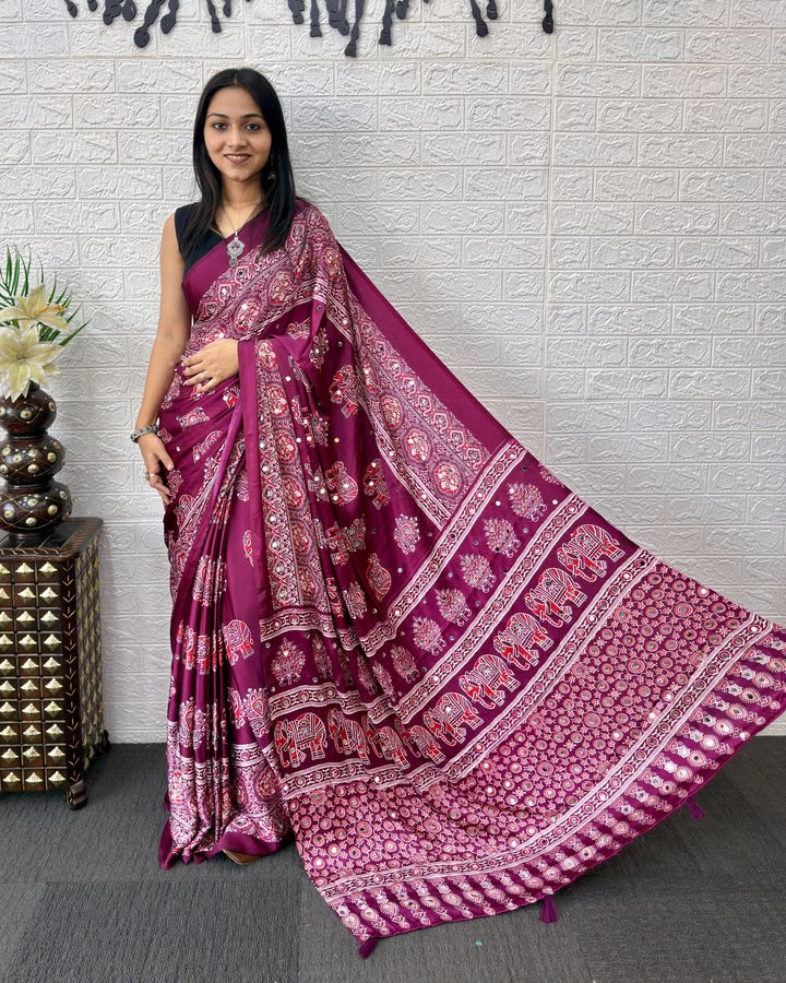 6 Color Elephant Print Satin Silk Saree