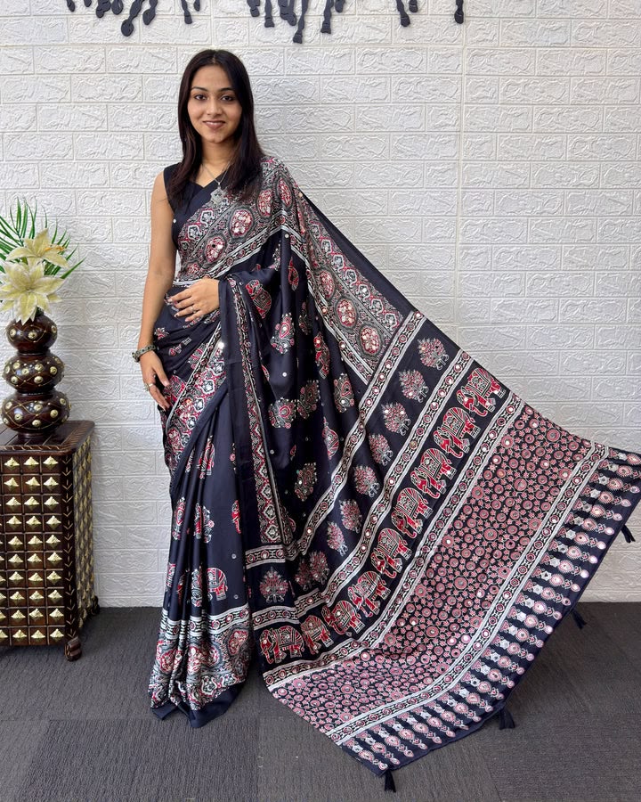 6 Color Elephant Print Satin Silk Saree