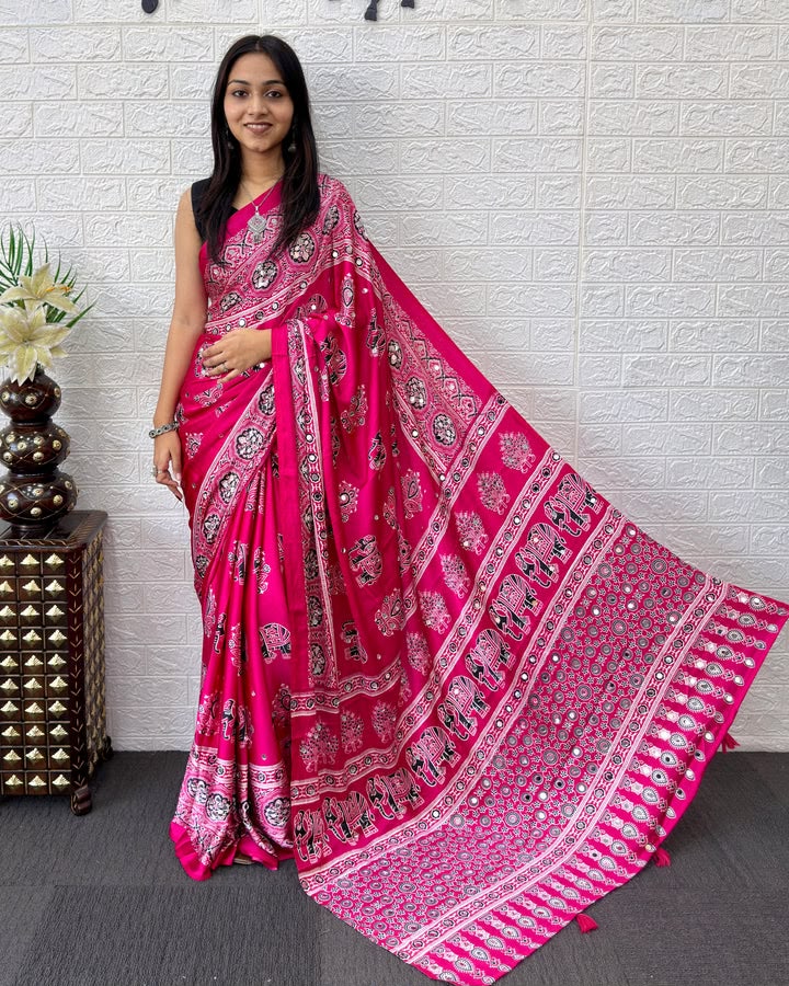 6 Color Elephant Print Satin Silk Saree