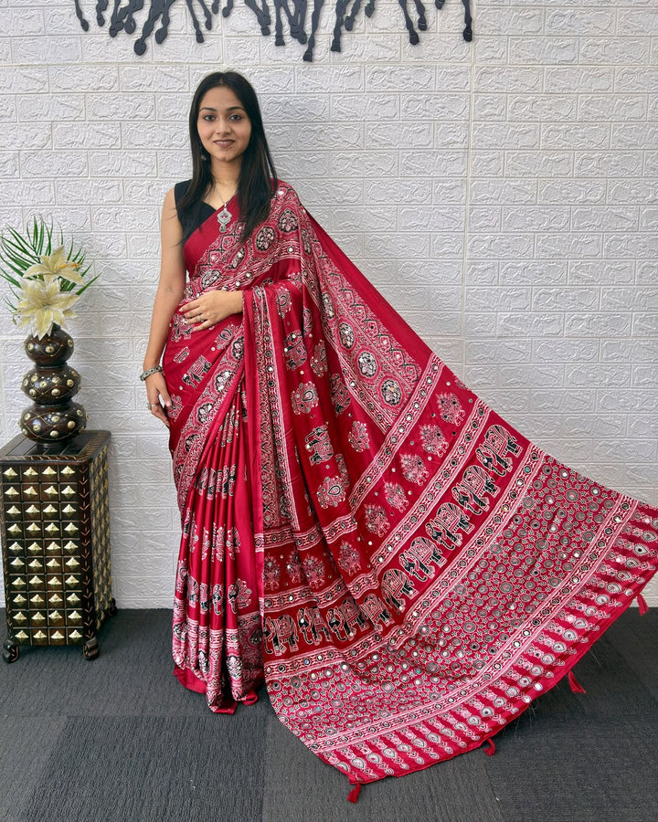 6 Color Elephant Print Satin Silk Saree