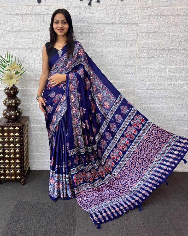 6 Color Elephant Print Satin Silk Saree