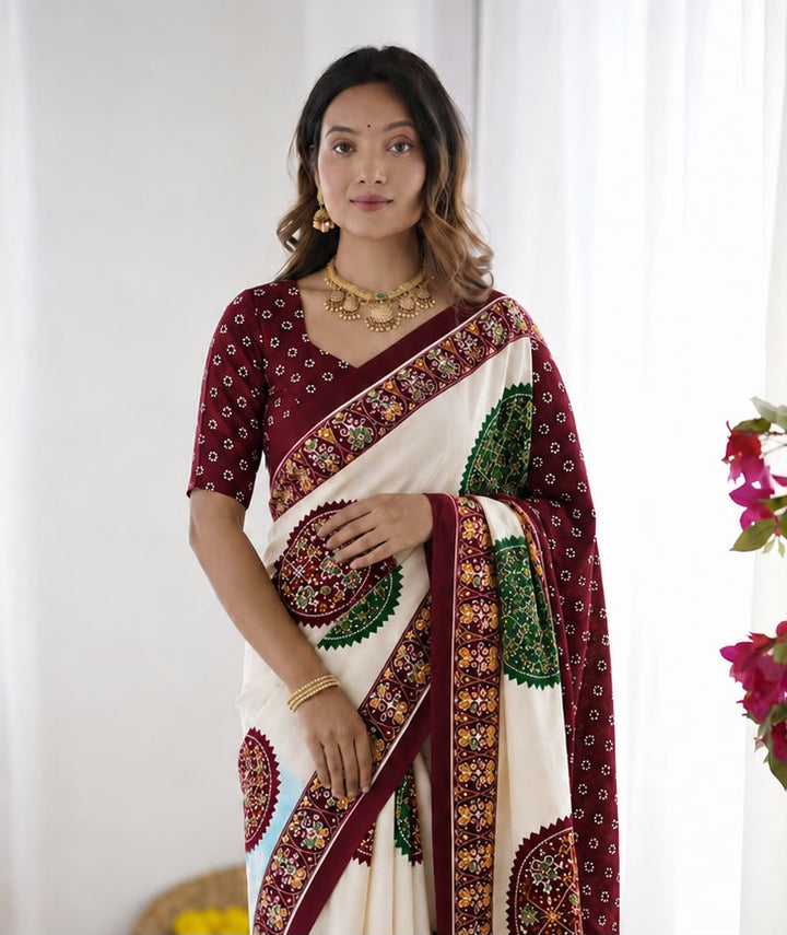 Maroon Bandhani Border And Mandala Print Silk Saree