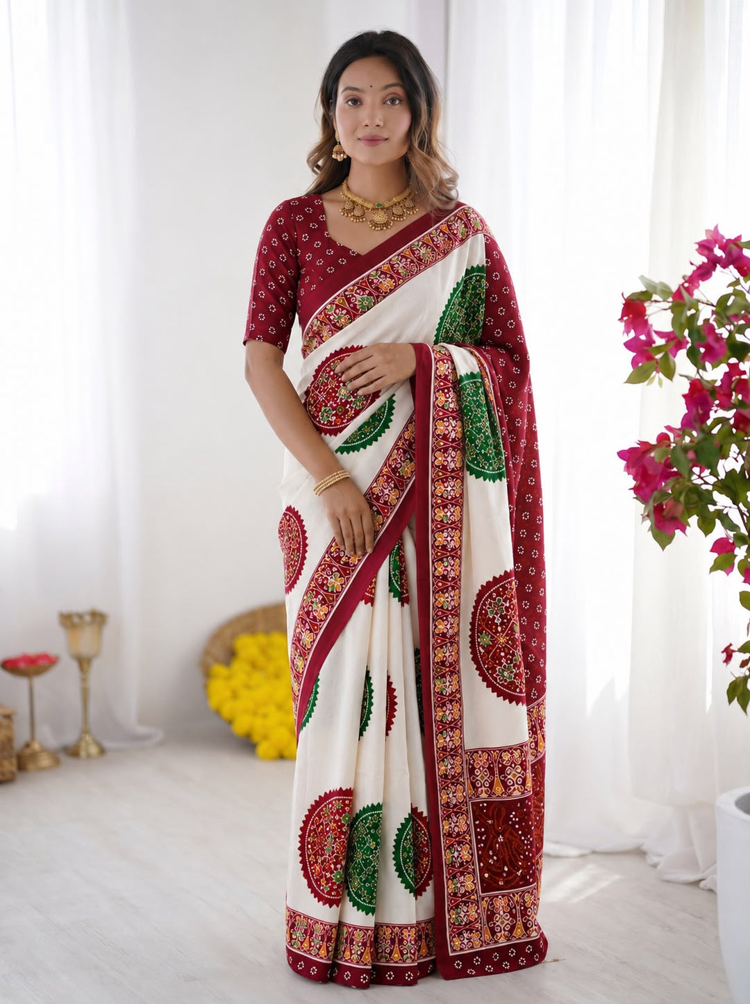 Maroon Bandhani Border And Mandala Print Silk Saree