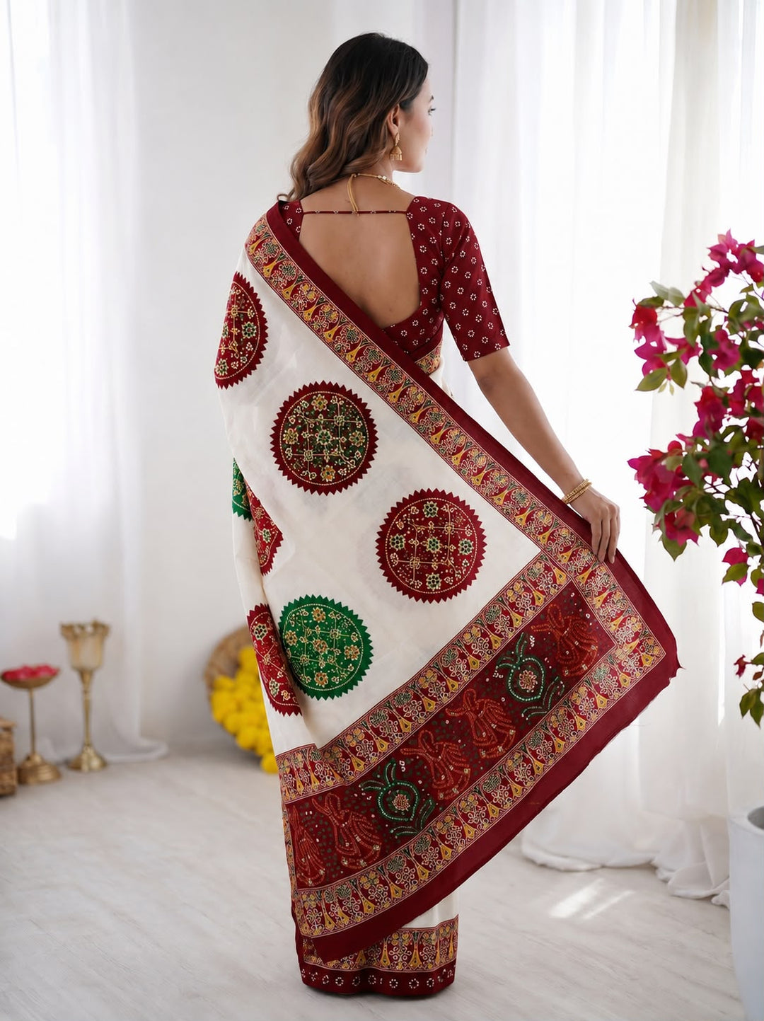 Maroon Bandhani Border And Mandala Print Silk Saree