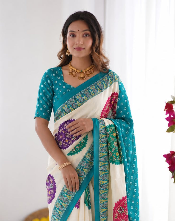 Firozi Bandhani Border And Mandala Print Silk Saree