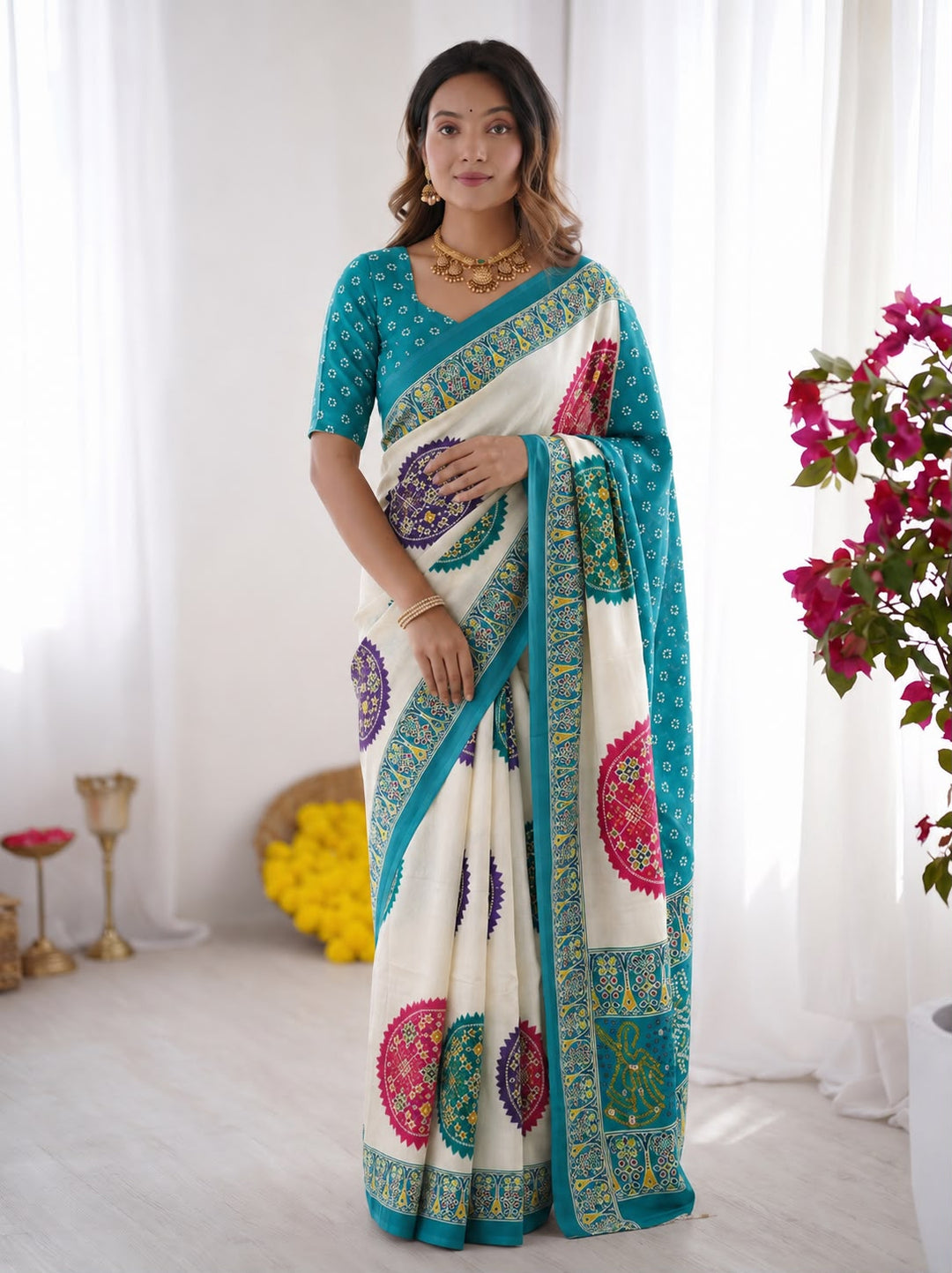 Firozi Bandhani Border And Mandala Print Silk Saree