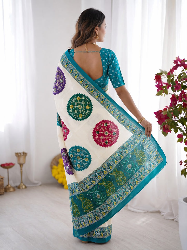 Firozi Bandhani Border And Mandala Print Silk Saree
