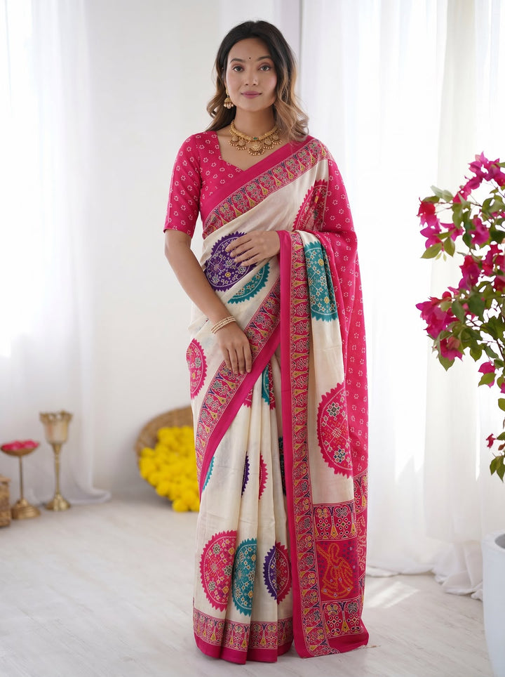 Pink Bandhani Border And Mandala Print Silk Saree