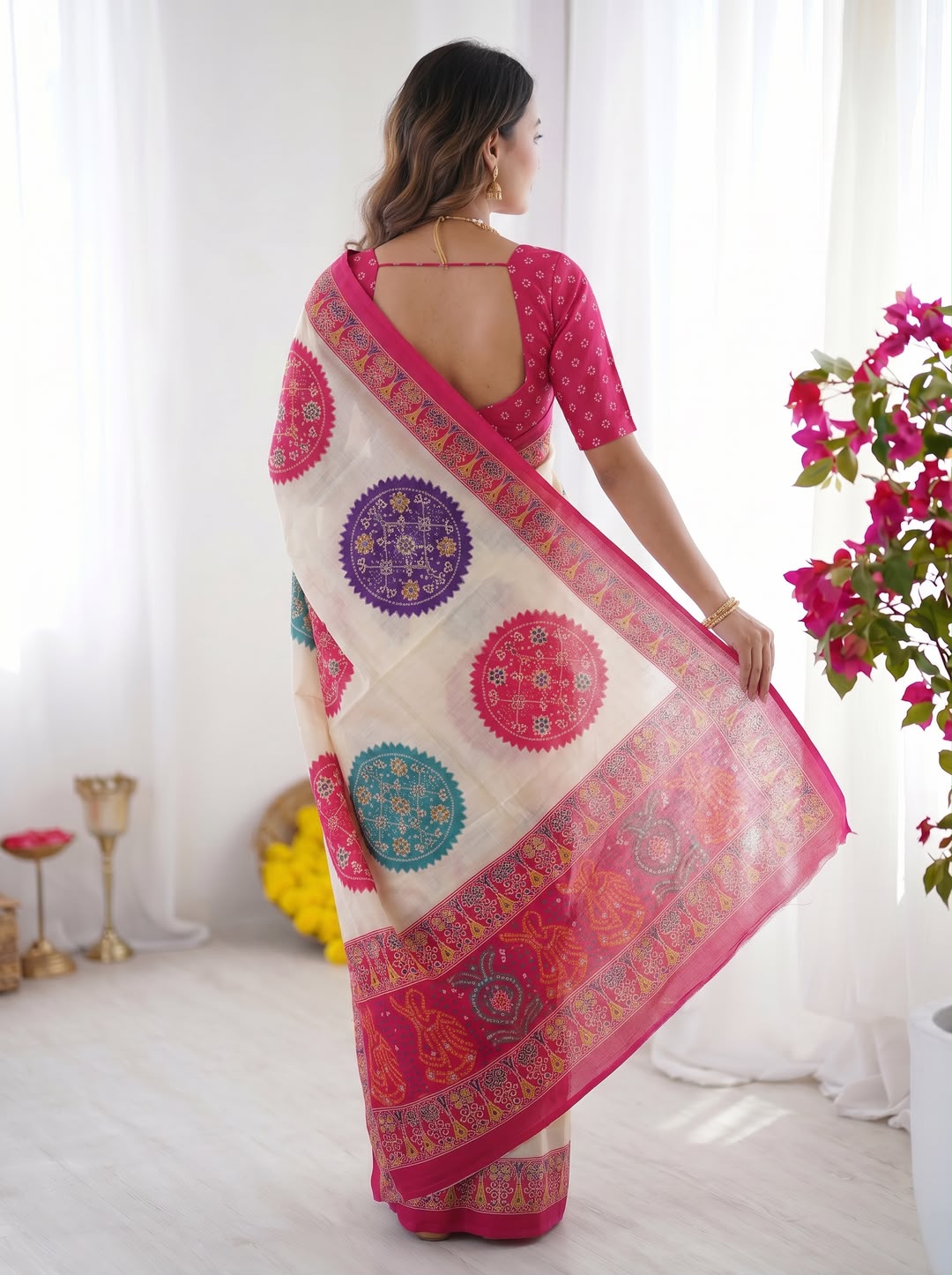 Pink Bandhani Border And Mandala Print Silk Saree