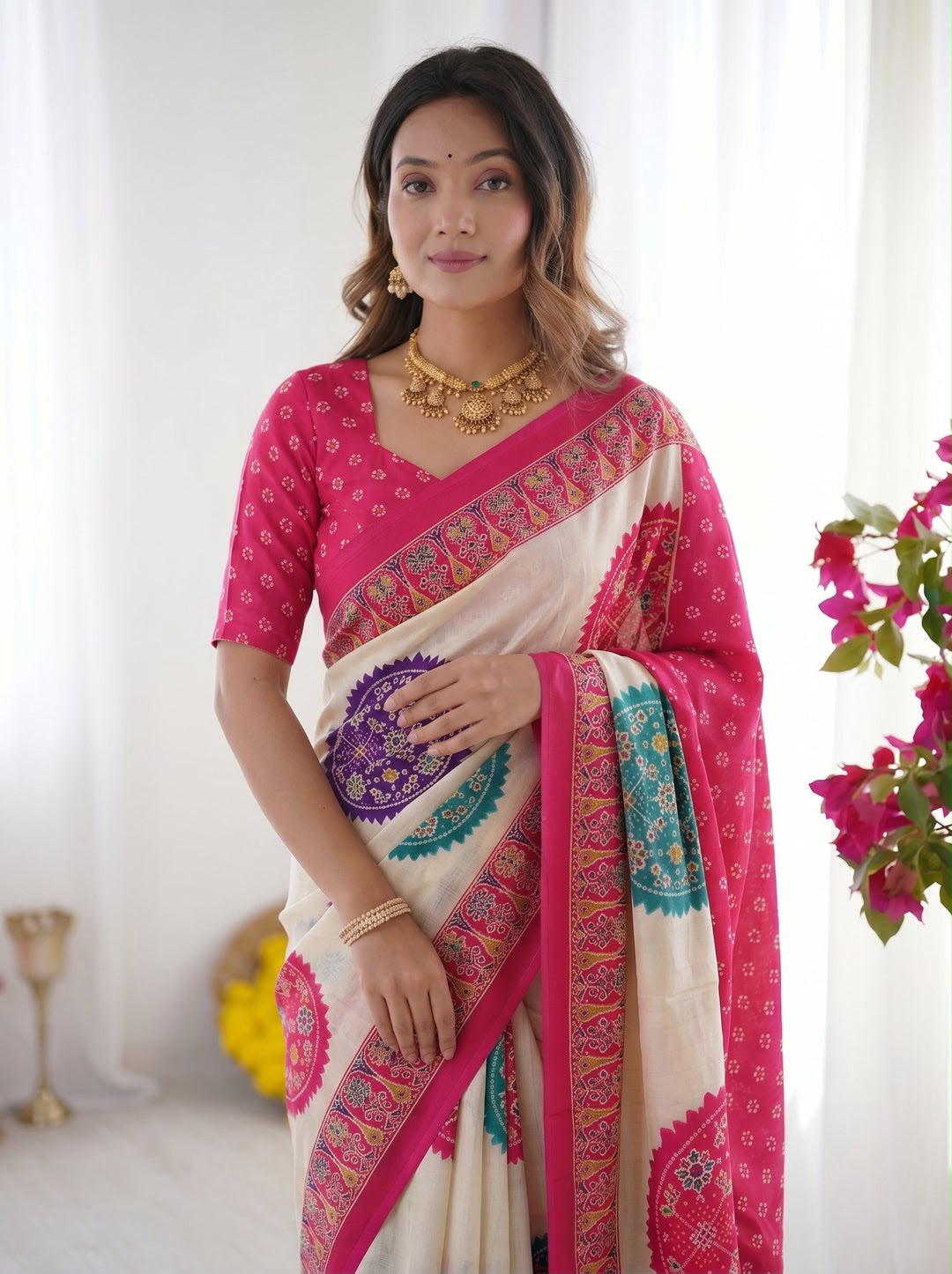 Pink Bandhani Border And Mandala Print Silk Saree