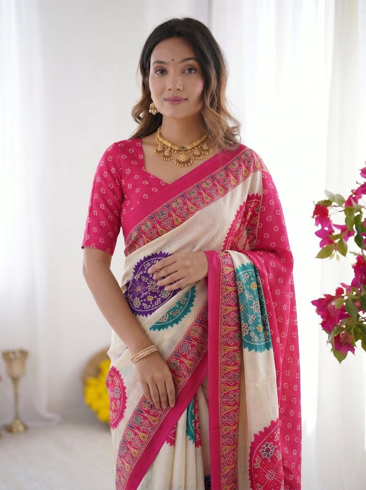 Pink Bandhani Border And Mandala Print Silk Saree