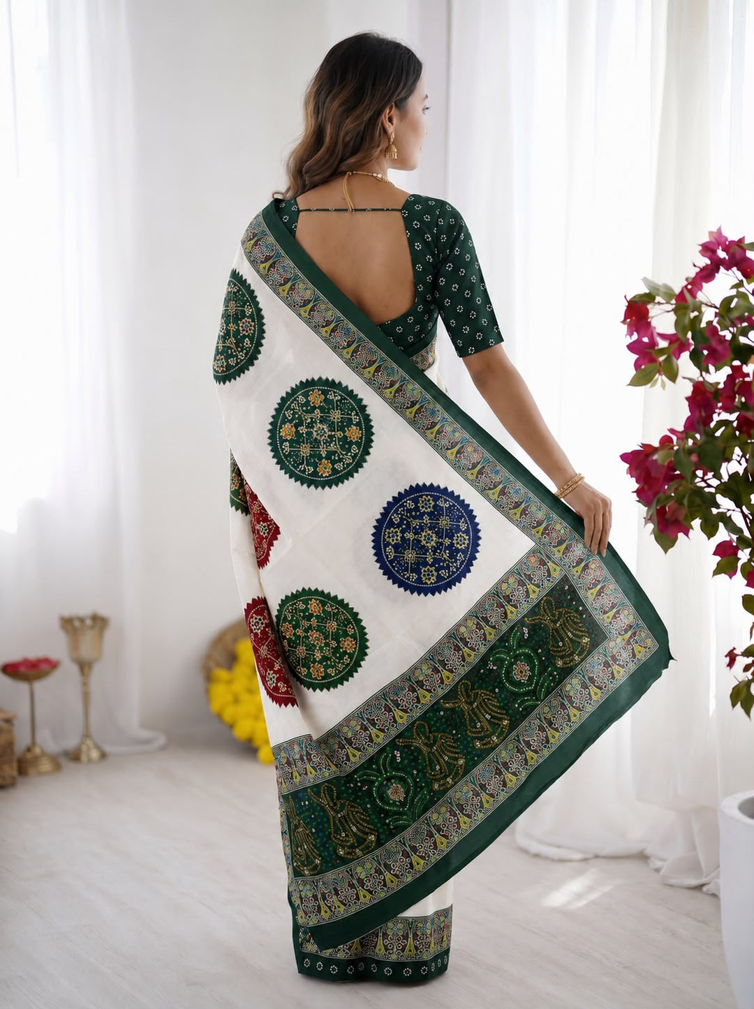 Green Bandhani Border And Mandala Print Silk Saree