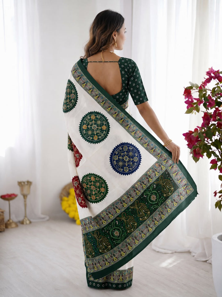 Green Bandhani Border And Mandala Print Silk Saree