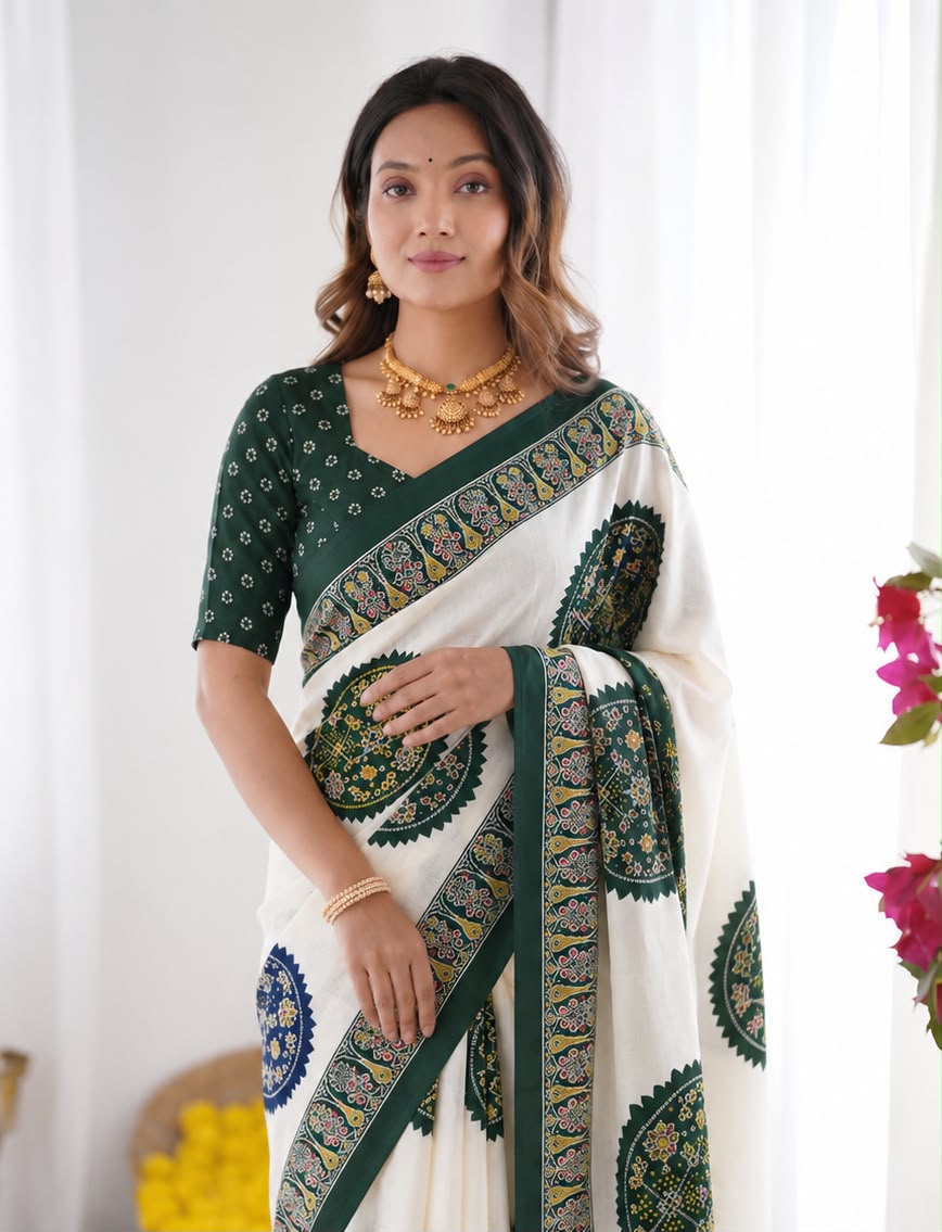 Green Bandhani Border And Mandala Print Silk Saree