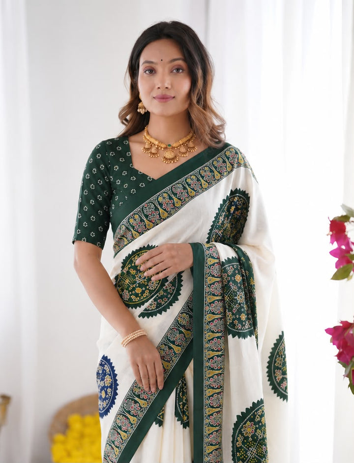 Green Bandhani Border And Mandala Print Silk Saree