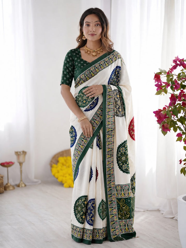 Green Bandhani Border And Mandala Print Silk Saree